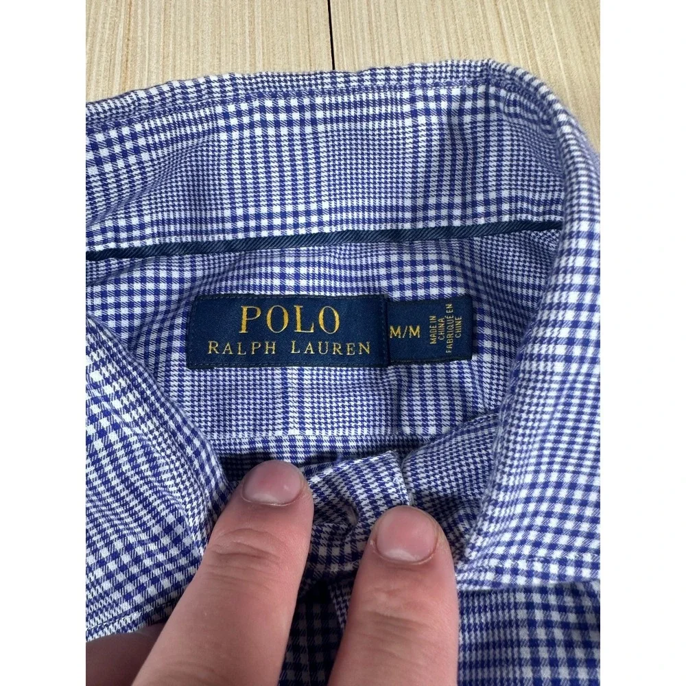 Polo Ralph Lauren Shirt Men Medium Blue White Plaid Cotton Long Sleeve Button-Up